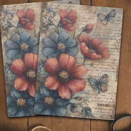 Vintage Rode en Blauwe Klaproos Boeket Decoupage Tissuepapier
