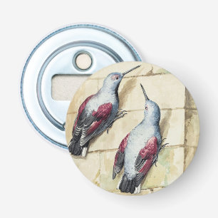 Vintage Rode en Grijze Vogel Aquarel Kunst Button Flesopener