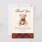 Vintage rode geklede teddybeer babyshower bedankkaart (Voorkant)