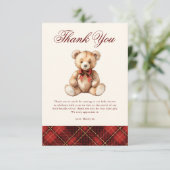 Vintage rode geklede teddybeer babyshower bedankkaart (Staand voorkant)