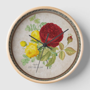 Vintage Rode Gele Roos Bloemstuk Wandklok