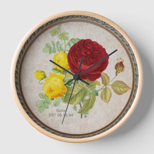 Vintage Rode Gele Roos Bloemstuk Wandklok (Voorkant)