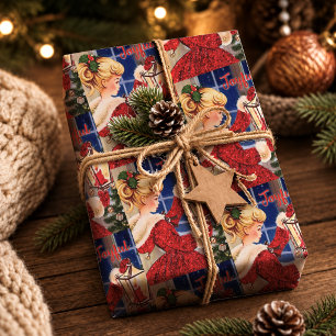 Vintage Rode Glam Kerst Kaars Lamp Meisje Cadeaupapier