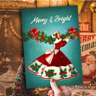 Vintage Rode Glitter Retro Kerst Meisje Feestdagenkaart