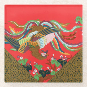 Vintage Rode Japanse Phoenix Vogel Kunst G.A. Auds Glazen Onderzetter