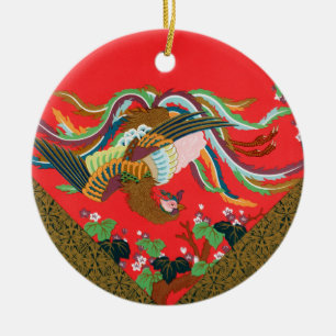 Vintage Rode Japanse Phoenix Vogel Kunst G.A. Auds Keramisch Ornament