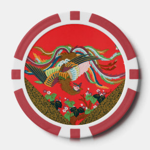 Vintage Rode Japanse Phoenix Vogel Kunst G.A. Auds Poker Chips