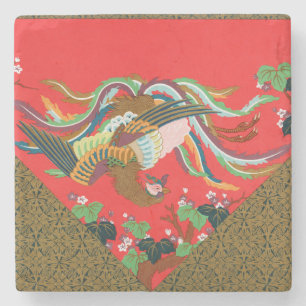 Vintage Rode Japanse Phoenix Vogel Kunst G.A. Auds Stenen Onderzetter