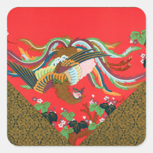 Vintage Rode Japanse Phoenix Vogel Kunst G.A. Auds Vierkante Sticker