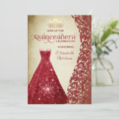 Vintage rode jurk damast gouden tiara Quinceañera  Kaart (Staand voorkant)