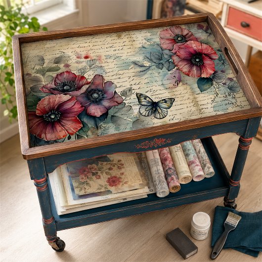 Vintage Rode Klaproos & Vlinder Aquarel Decoupage Tissuepapier