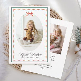 Vintage rode linten strik groene Kerst 2 foto Feestdagenkaart