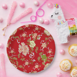 Vintage Rode Oosterse Bloem Decoratie Huwelijk Papieren Bordje