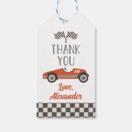 Vintage rode raceauto verjaardag bedankkaartjes cadeaulabel