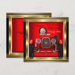 Vintage rode raceauto voor mans 60e verjaardag fot kaart