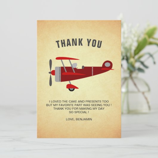 Vintage rode retro-vliegtuig verjaardagsfeestje bedankkaart (Staand voorkant)