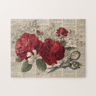 Vintage Rode Roos & Schaar Botanische Collage Legpuzzel