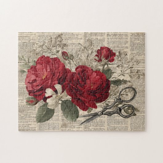 Vintage Rode Roos & Schaar Botanische Collage Legpuzzel (Horizontaal)