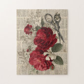 Vintage Rode Roos & Schaar Botanische Collage Legpuzzel (Verticaal)