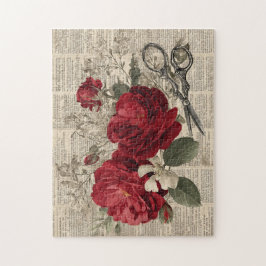 Vintage Rode Roos & Schaar Botanische Collage Legpuzzel