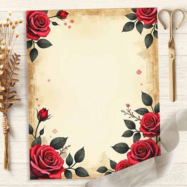 Vintage Rode Rozen Bloem Scrapbook Papier (Creator heeft geüpload)