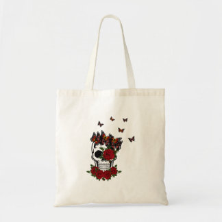 Vintage Rode Rozen Bloemen En Vlinder Schedel Tote Bag