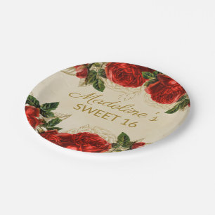 Vintage Rode Rozen Sweet 16 Verjaardag   Papieren Bordje
