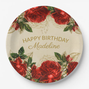 Vintage Rode Rozen Vrouwelijke Verjaardag Papieren Bordje