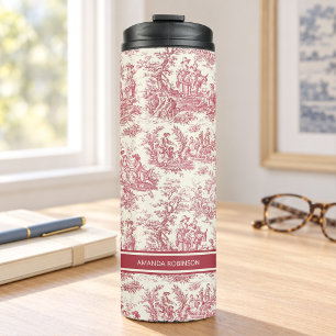 Vintage rode toile de jouy bedrukt thermosbeker