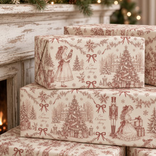 Vintage Rode Toile de Jouy Ons Kerstverhaal Cadeaupapier