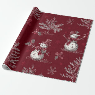 Vintage Rode Toile Kerst Botanisch - Sneeuwman Cadeaupapier
