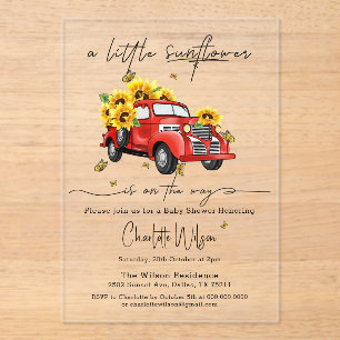 Vintage Rode Truck met Zonnebloemen Baby Shower Acryl Uitnodigingen
