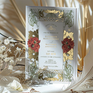 Vintage Rode Tulpen & Gouden Art Nouveau Bruiloft Folie Uitnodiging