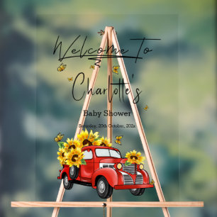 Vintage rode vrachtwagen met zonnebloemen baby sho acryl bord