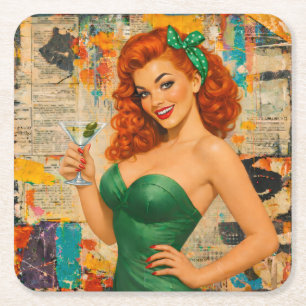 Vintage Rodekop Pin-Up Martini Meisje – Retro Glam Kartonnen Onderzetters