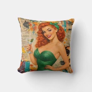 Vintage Rodekop Pin-Up Martini Meisje – Retro Glam Kussen