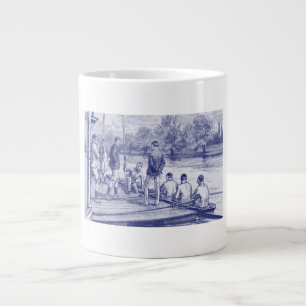 Vintage roeiers in boot aan de steiger grote koffiekop
