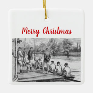 Vintage roeiers in boot aan de steiger keramisch ornament