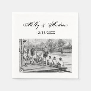 Vintage roeiers in boot aan de steiger servet