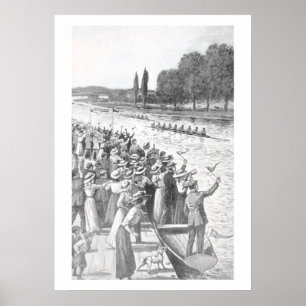 Vintage roeiers racen met veel toeschouwers poster
