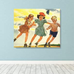Vintage Roller Skeen Fun Kinderen Jongens en Meisj Canvas Afdruk
