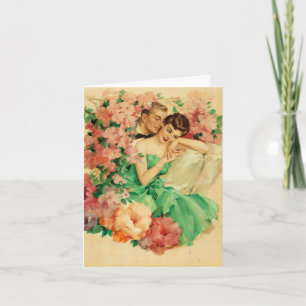 Vintage Romantic Couple en Flowers Verloving Kaart