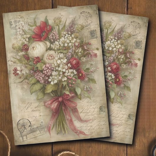 Vintage Romantic Red Bouquet Ephemera Decoupage  Tissuepapier