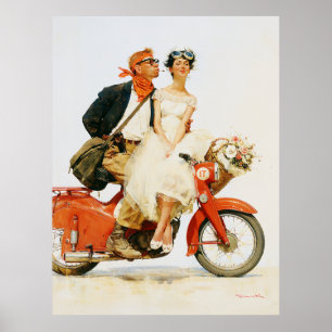 Vintage Romantiek op een Rode Scooter Poster