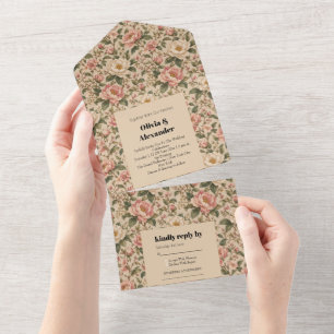 Vintage Romantisch Pioen & Rozen Tuinpatroon All In One Uitnodiging