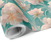 Vintage Romantisch Teal & Roze Bloemendesign  Cadeaupapier (Rol Hoek)