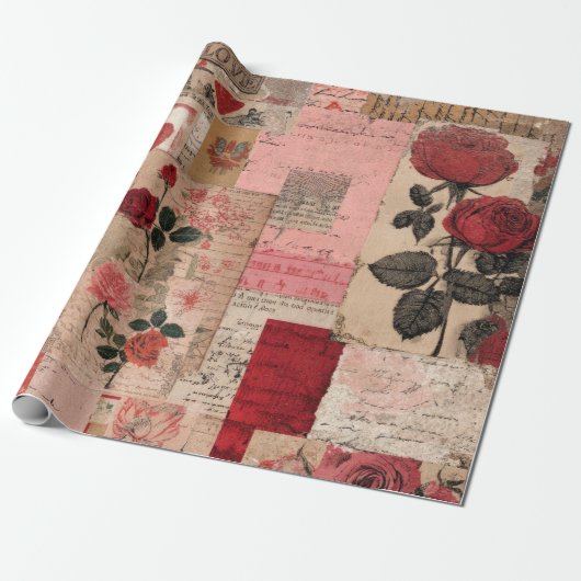 Vintage Romantische Roos Collage (1) Cadeaupapier (Uitgerold)