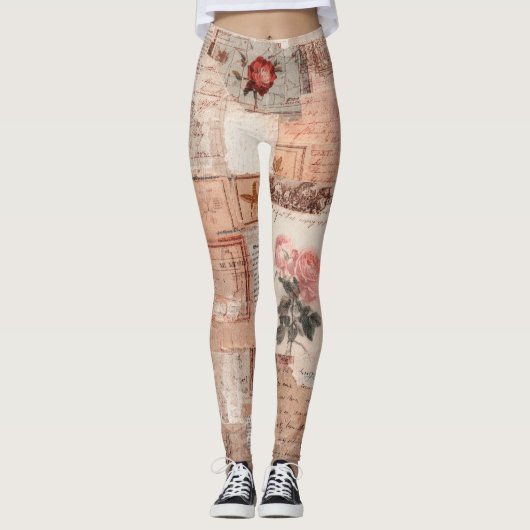 Vintage Romantische Roos Collage (2) Leggings (Voorkant)