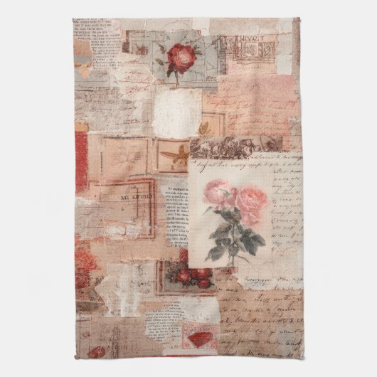 Vintage Romantische Roos Collage (2) Theedoek (Verticaal)