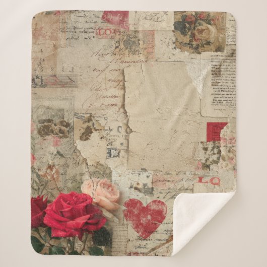 Vintage Romantische Roos Collage (4) Sherpa Deken (Voorkant)